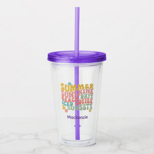 Retro Groovy Summer Pink Monogram Name Acryltrinkbecher