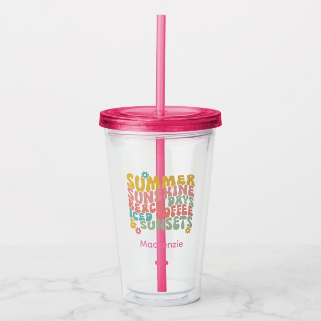 Retro Groovy Summer Pink Monogram Name Acryltrinkbecher (Vorderseite)