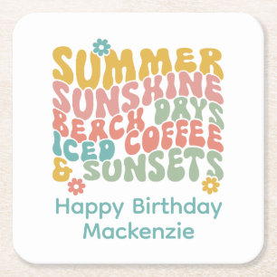 Retro Groovy Summer Pink Monogram Name Rechteckiger Pappuntersetzer