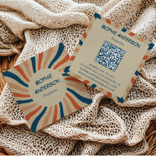 Retro Groovy Sunburst Quadratischer QR-Code Quadra Quadratische Visitenkarte