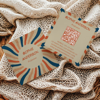 Retro Groovy Sunburst Quadratischer QR-Code Quadra Quadratische Visitenkarte