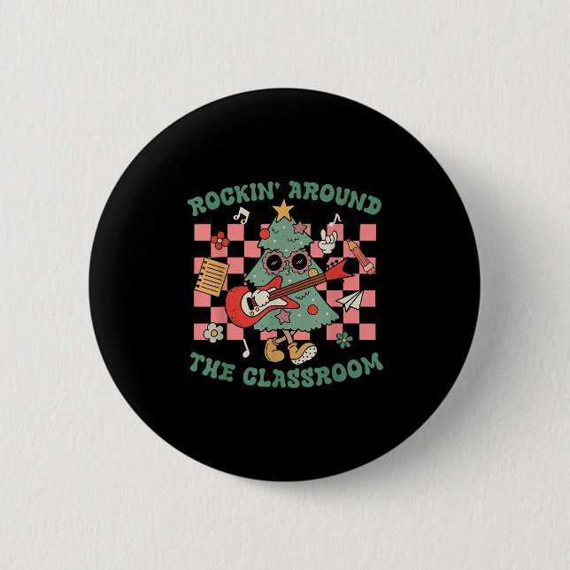 Retro Groovy Teacher Christmas Rockin' Around The  Button (Vorderseite)