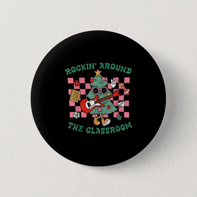 Retro Groovy Teacher Christmas Rockin' Around The  Button (Vorderseite)