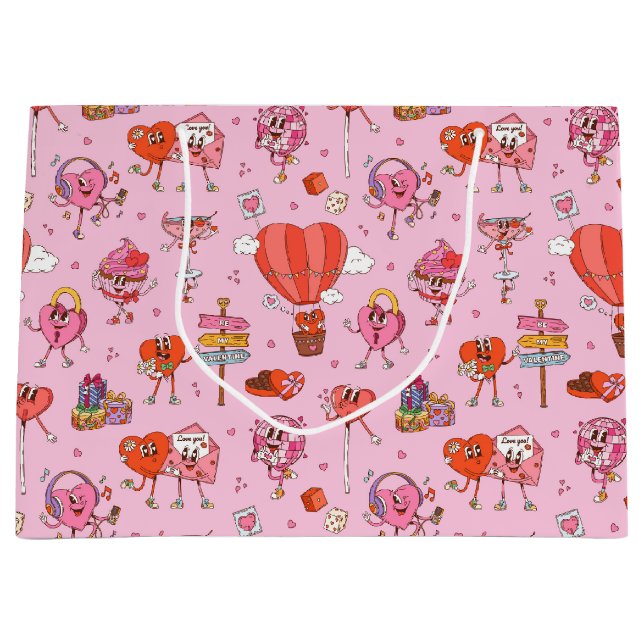 Retro Groovy Valentine Cartoon Große Geschenktüte (Vorderseite)