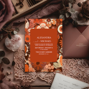 Retro Groovy verbranntes orangefarbenes florales H Einladung