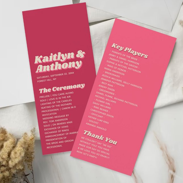 Retro Groovy Viva Magenta Hochzeitsprogramm der 70 Werbekarte (Von Creator hochgeladen)