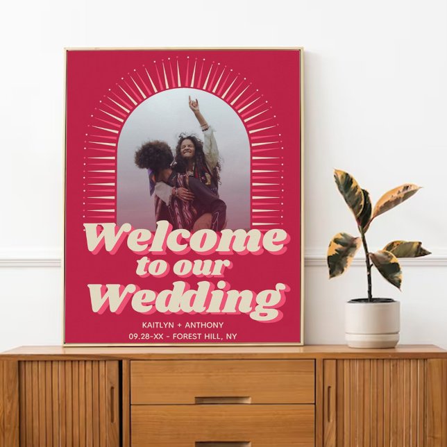 Retro Groovy Viva Magenta Wedding Willkommen in de Poster (Von Creator hochgeladen)