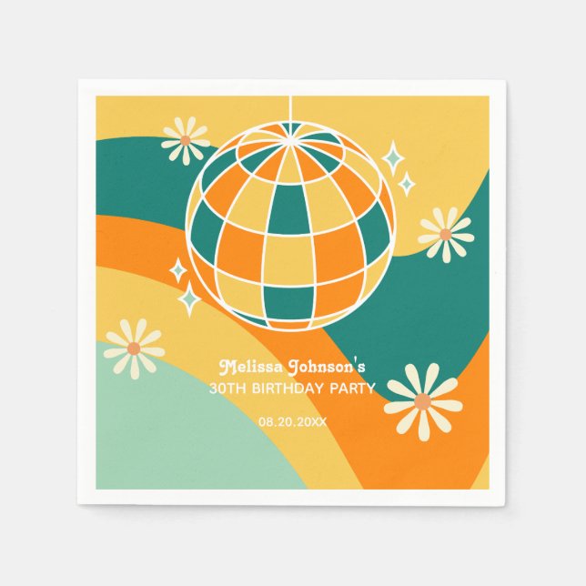 Retro Groovy Wave Disco Ball Daisy Orange Geburtst Serviette (Vorderseite)