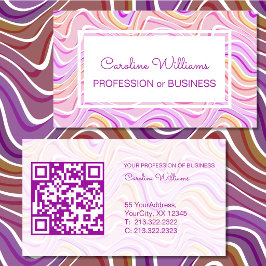 Retro Groovy Wavy Abstract Lila Rosa Weiß QR  Visitenkarte