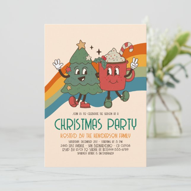 Retro Groovy Weihnachtsfeier Einladung (Stehend Vorderseite)