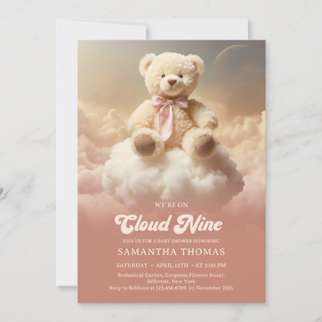 Retro Groovy wir sind auf Cloud neun Teddy Bär pin Einladung (Vorderseite)