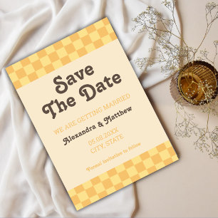 Retro Groovy Yellow Orange Checkered Save The Date