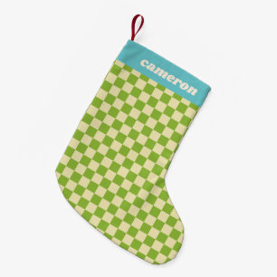 Retro Grün Blau Karomuster Personalisierter Name Kleiner Weihnachtsstrumpf