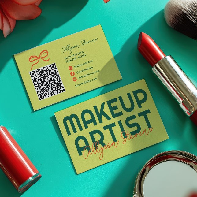 Retro-Grün-Citrus-Makeup-Artist-QR-Code Visitenkarte (Retro Green Citrus Makeup Artist QR Code Business Card)