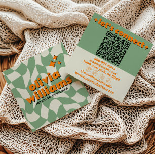 Retro Grün Orange QR-Code Groovy Kariert Boho Quadratische Visitenkarte