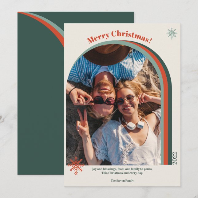 Retro-Grün Weihnachtsbogen Foto Schneeflocke Feiertagskarte (Vorne/Hinten)