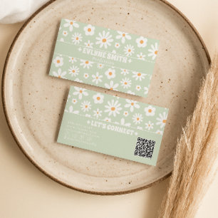 Retro Grün Weiß QR-Code Groovy Floral Einzigartig  Visitenkarte
