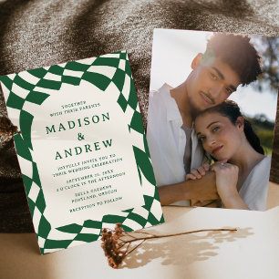 Retro-grüne Schachbrett-Foto-Hochzeit Einladung