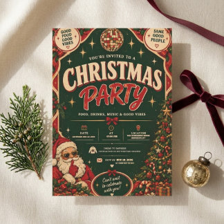 Retro-grüne Weihnachtsfeier mit Disco-Kugel Einladung