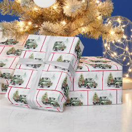 Retro-grüner LKW in Schneeflocken Geschenkpapier