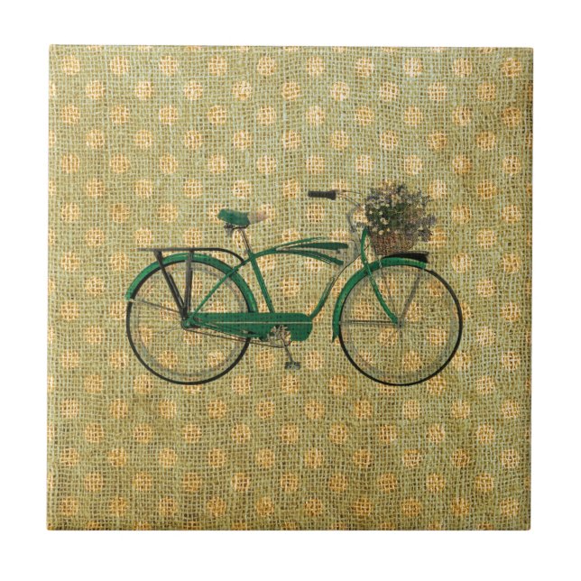 Retro grünes Fahrrad mit Blumen-Korb Fliese (Vorderseite)