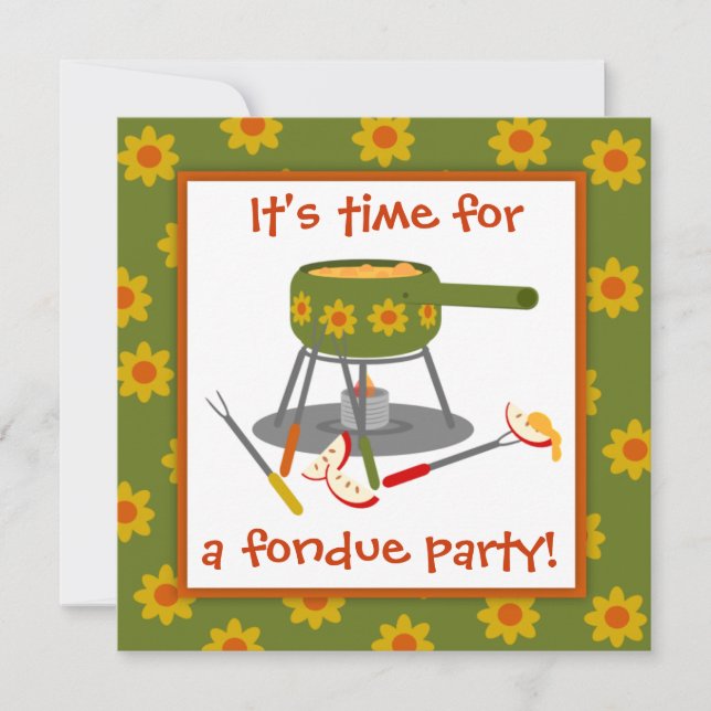 Retro grünes und orange Gänseblümchen-Fondue-Party Einladung (Vorderseite)