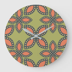 Retro-grünes und oranges abstraktes Blumenmuster Große Wanduhr