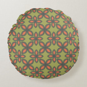 Retro-grünes und oranges abstraktes Blumenmuster Rundes Kissen