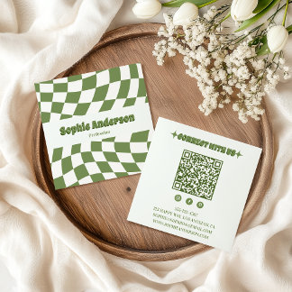 Retro-Grünes, welliges Schachbrettmuster mit QR-Co Quadratische Visitenkarte