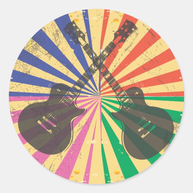 Retro Grunge Gitarren auf Sternexplosion Hintergru Runder Aufkleber (Vorderseite)