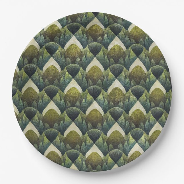 Retro Grünoliv geometrisches Kunstmuster Pappteller (Vorderseite)