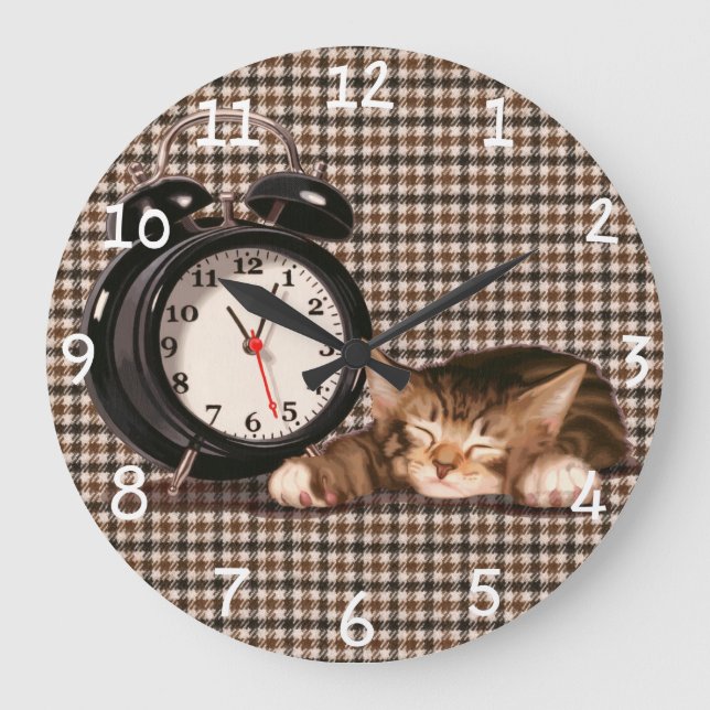 Retro Hahnentrittmuster kitten Große Wanduhr (Vorderseite)