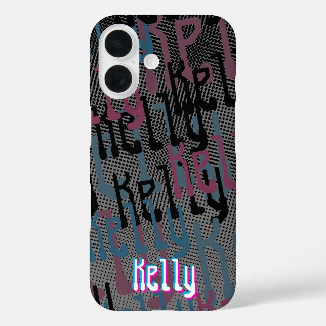 Retro Halftone Pink und Blue Name Collage iPhone 16 Hülle (Rückseite)