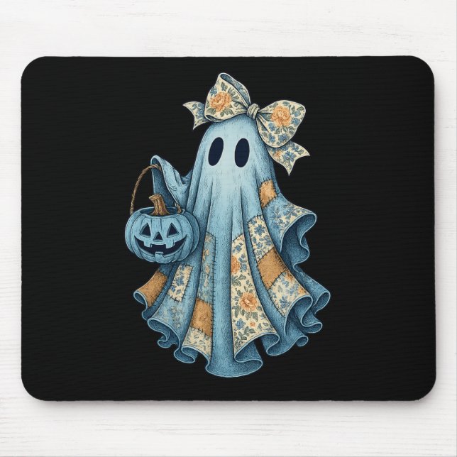 Retro Halloween Blue Denim Ghost Fall Pumpkin Spoo Mousepad (Vorne)
