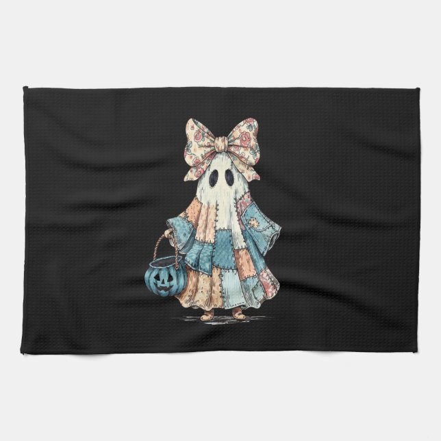 Retro Halloween Blue Denim Ghost Geschirrtuch (Horizontal)