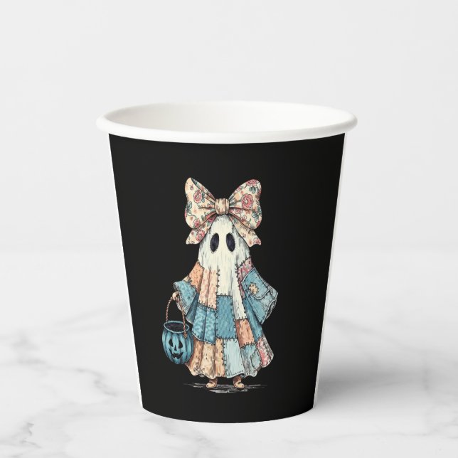Retro Halloween Blue Denim Ghost Pappbecher (Vorderseite)