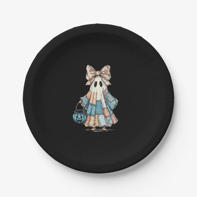 Retro Halloween Blue Denim Ghost Pappteller (Vorderseite)