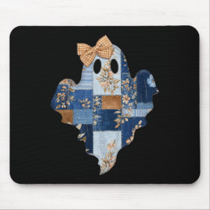 Retro Halloween Blue Denim Patchwork Ghost Boo Coq Mousepad