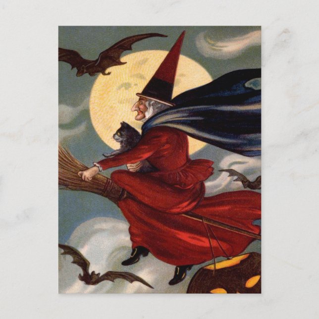 Retro Halloween Broom Hexenkarte Postkarte (Vorderseite)
