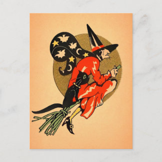 Retro Halloween Broom Hexenkarte Postkarte