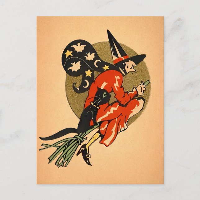 Retro Halloween Broom Hexenkarte Postkarte (Vorderseite)