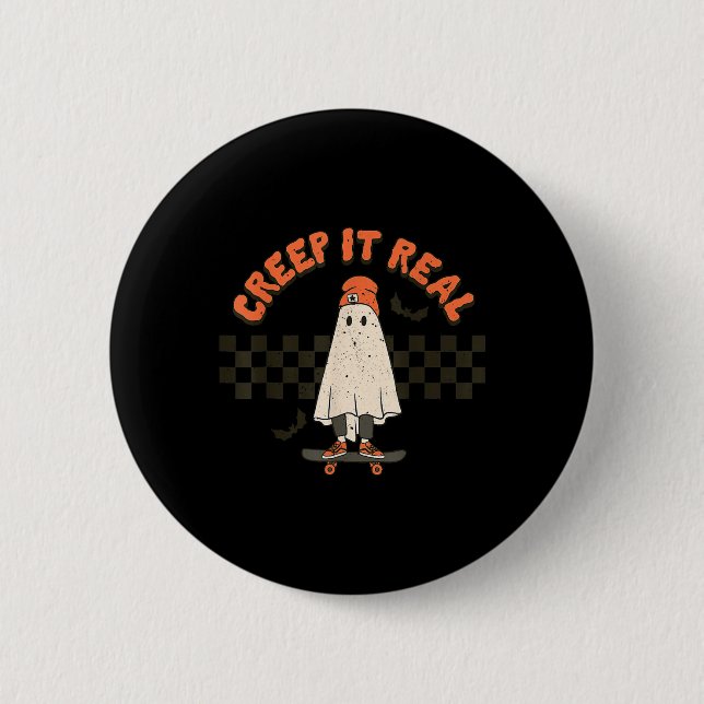 Retro Halloween Creep it real Ghost Boy Fall Seaso Button (Vorderseite)