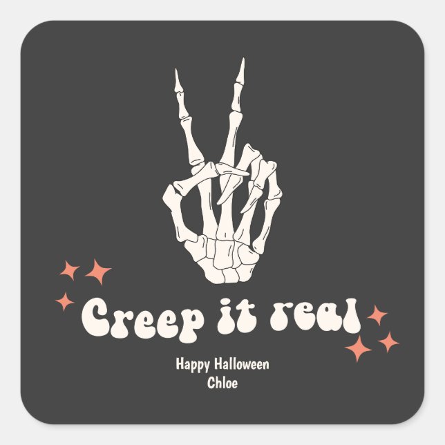 Retro Halloween Creep it Real Skeleton Square Stic Quadratischer Aufkleber (Vorderseite)