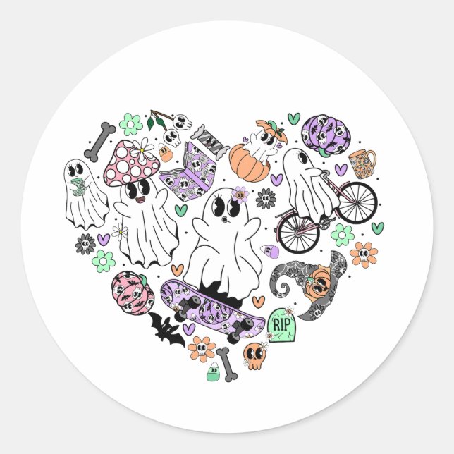 Retro Halloween Geister und Kürbisherzen Runder Aufkleber (Vorderseite)