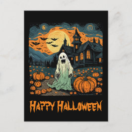 Retro Halloween Ghost Creepy Pumpkin Vollmond Postkarte