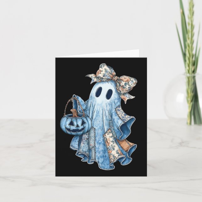 Retro Halloween Ghost Denim Muster Bow Männer Frau Karte (Vorderseite)