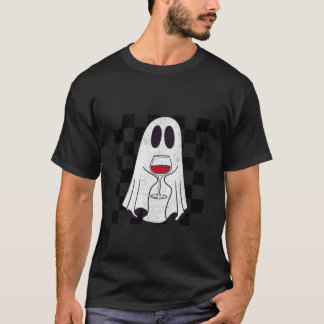 Retro Halloween Ghost Drinking Wine Spooky Season  T-Shirt