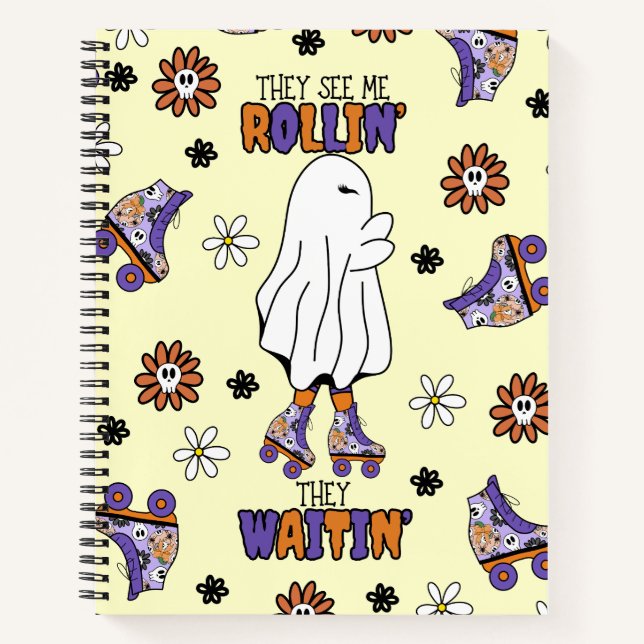 Retro Halloween Ghost mit Roller Blades lila Notizbuch (Vorderseite)