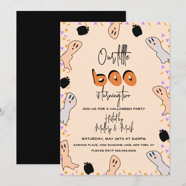 Retro Halloween Ghost Unser kleiner Boo Confetti Einladung (Vorne/Hinten)