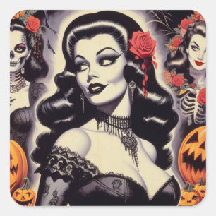 Retro Halloween Goth Button-Up Quadratischer Aufkleber